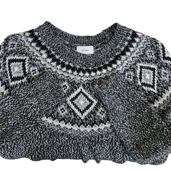 Old Navy Fair Isle Knit Chunky Sweater Women M Long Sleeve Crew Neck Black Gray - Picture 4 of 7